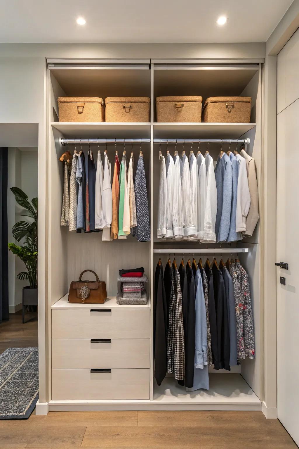 Tiered hanging rails optimize vertical storage in wardrobes.