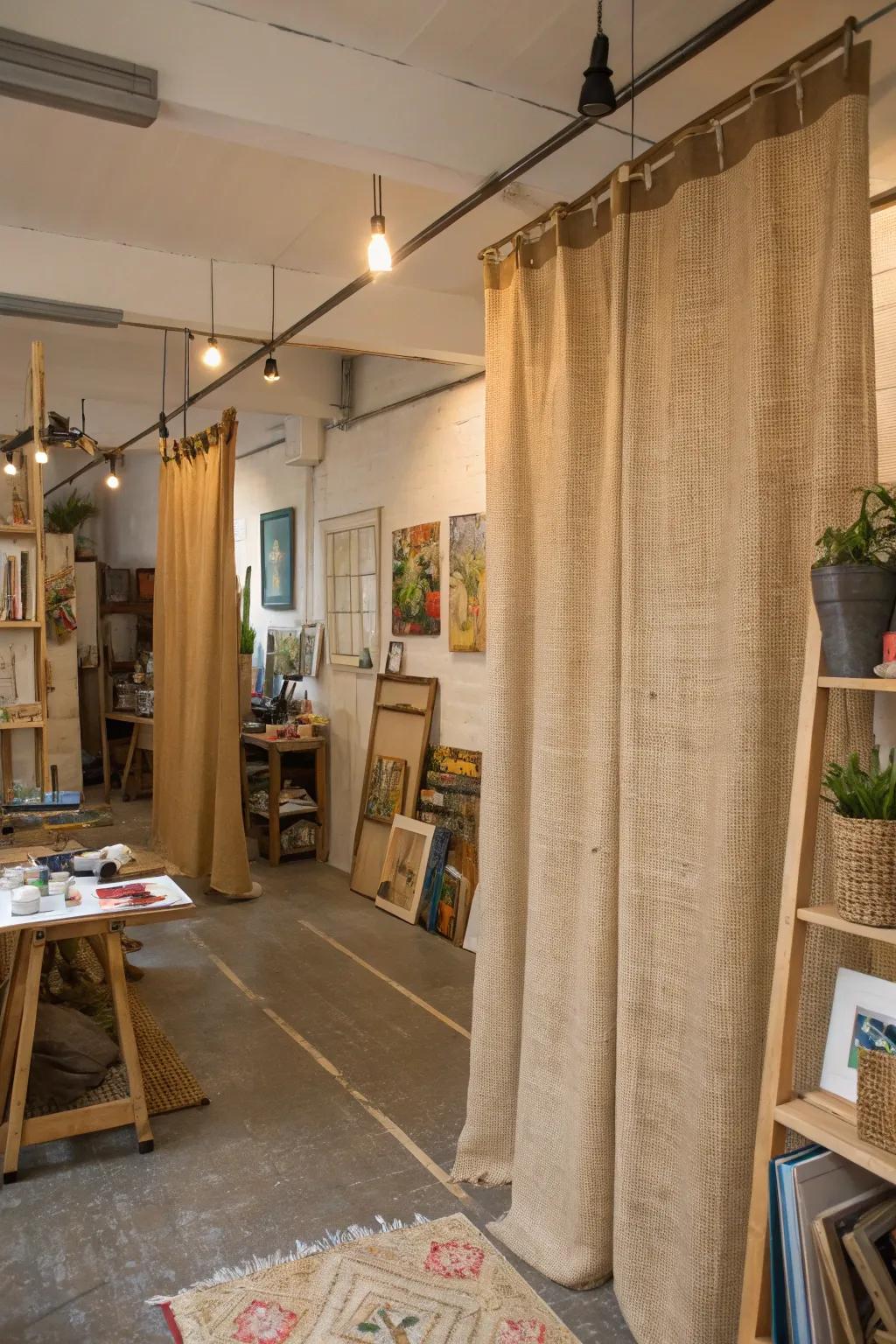 Creative division with burlap drape space separators.