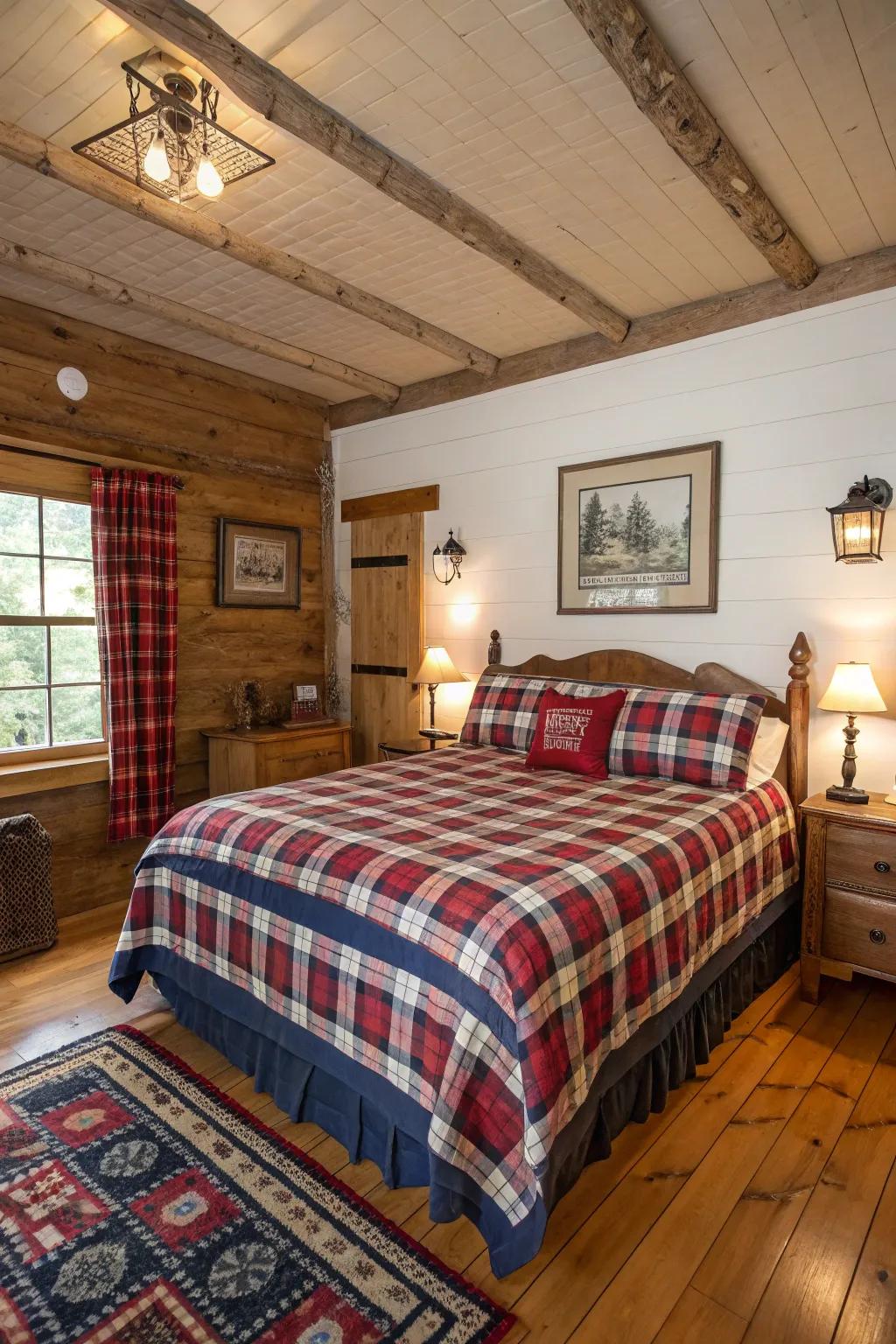 A cabin bedroom with plaid bedding and traditional patterns.