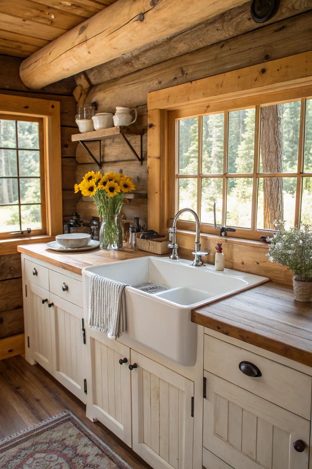 A ranch-style basin is a delightful and functional addition to any log cabin kitchen.