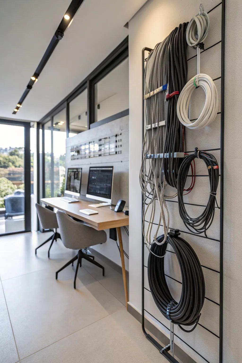 Cable shelving affixed to walls for orderly storage.