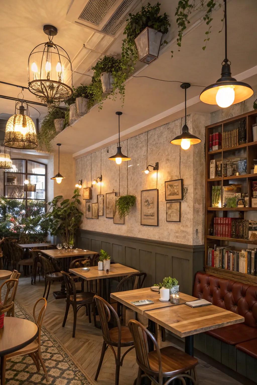 A fashionable café setting showcasing a blend of different illumination installations for a dimensional look.