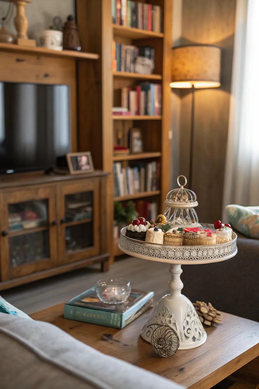 The cake stand evolves into a stage for displaying treasured mementos.