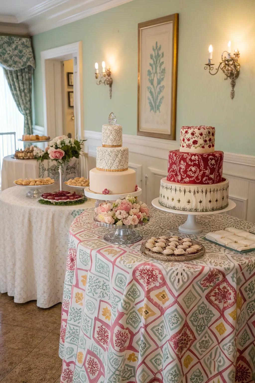 A dessert display with coordinated linens, enhancing the overall presentation with matching hues.