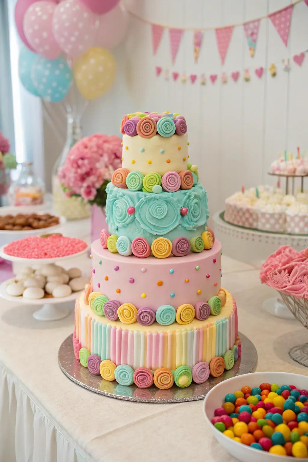 A confectionery-themed cake functions as a breathtaking centerpiece