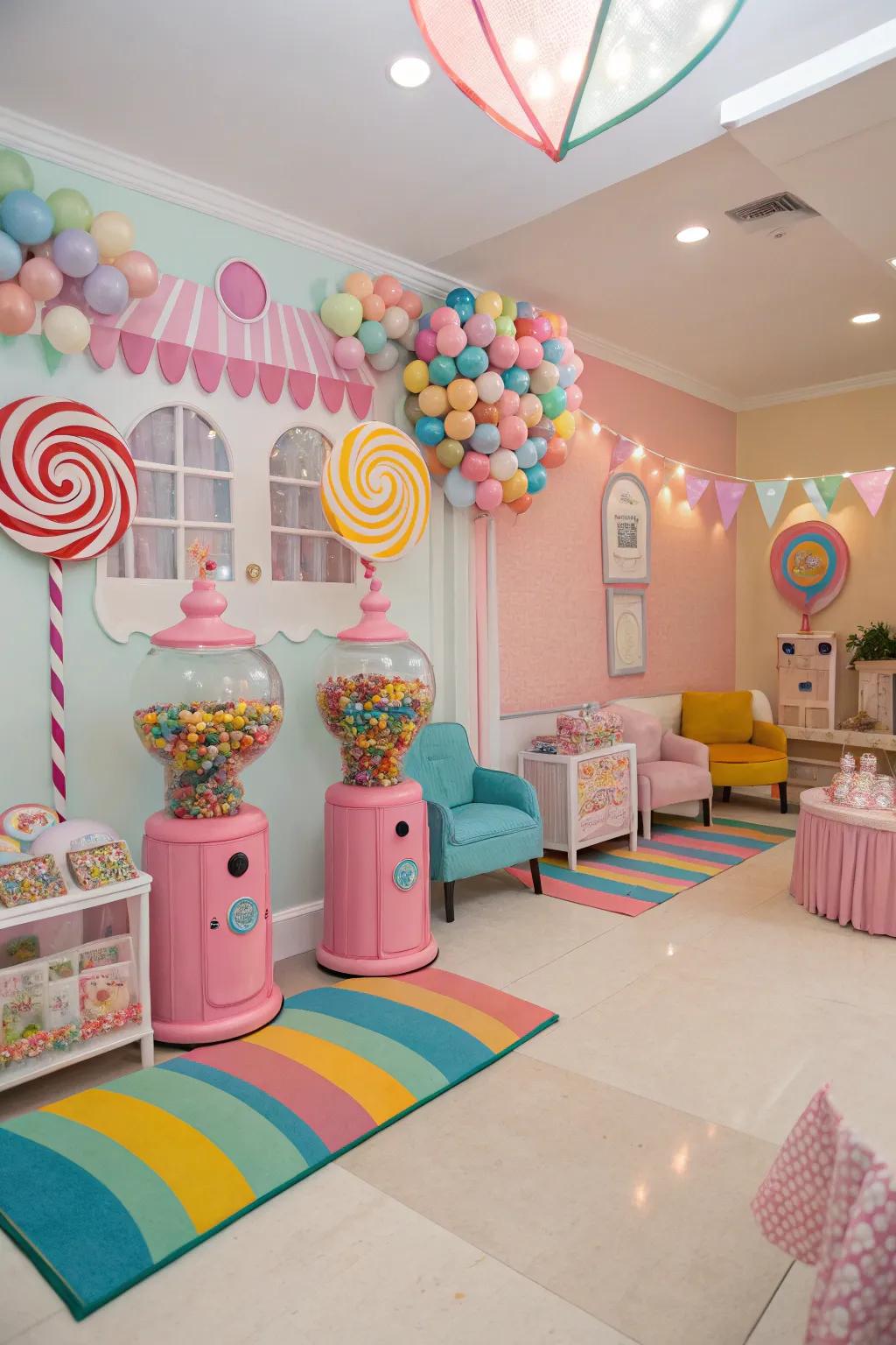 Pastels and radiants conjure a cheerful candyland ambiance.