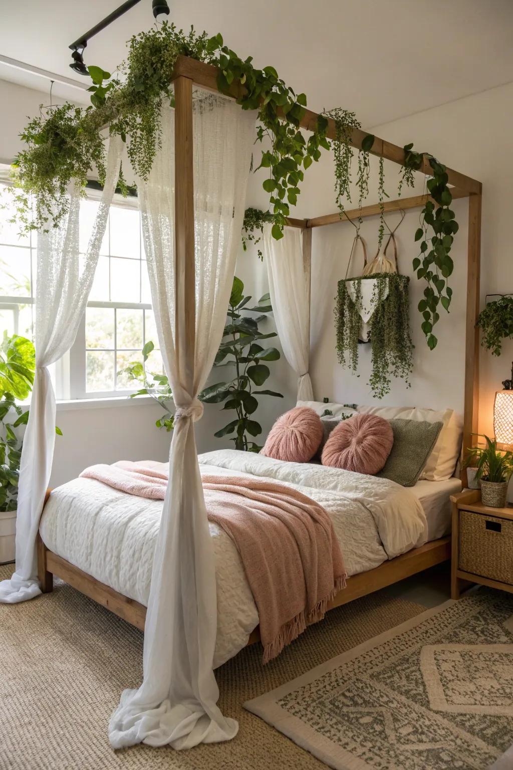 Suspended flora introduces a natural element to a four-poster bed.