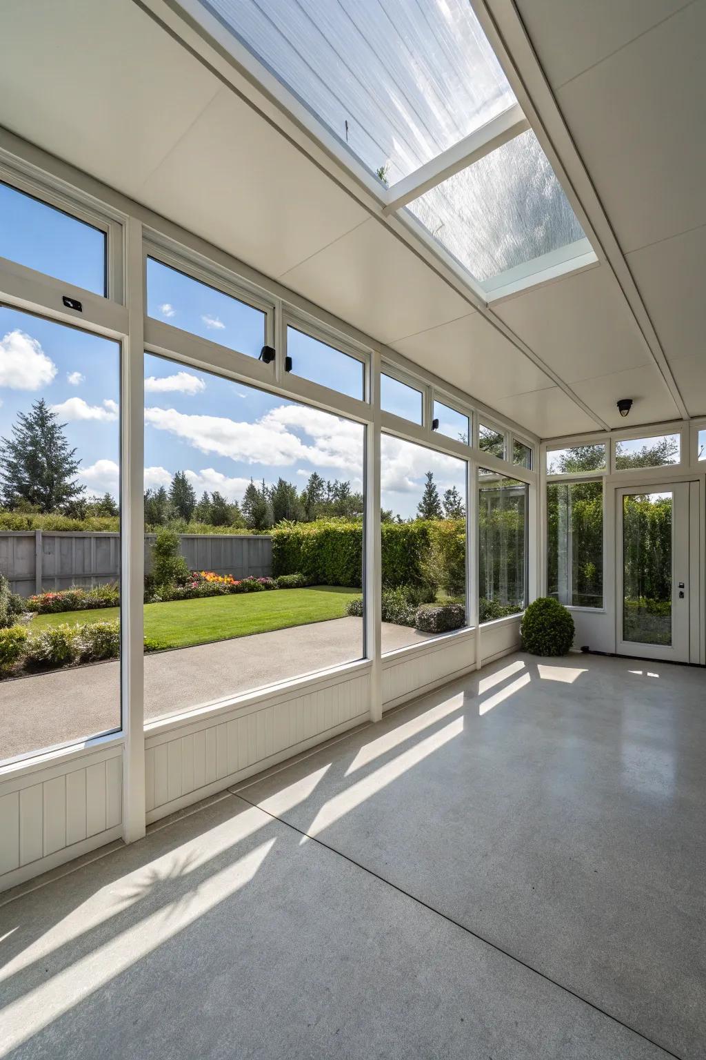 An enclosed carport featuring ample protection and natural light.