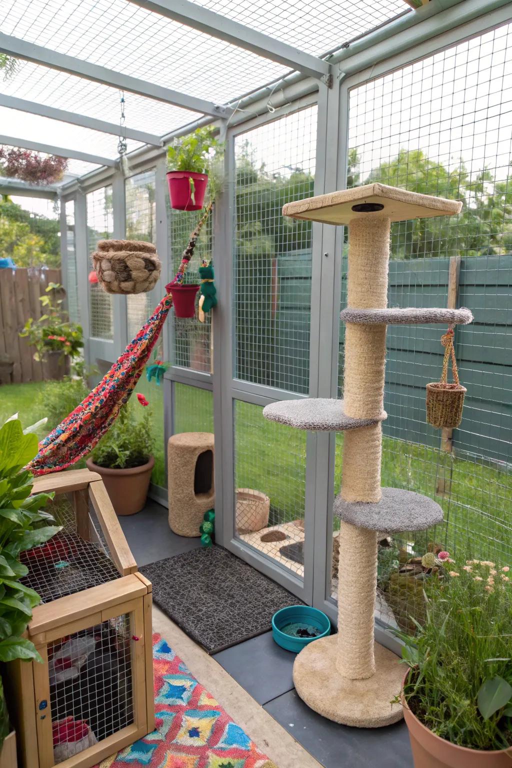 Sensory areas within a catio engaging a cat’s perceptions using textures and aromas.