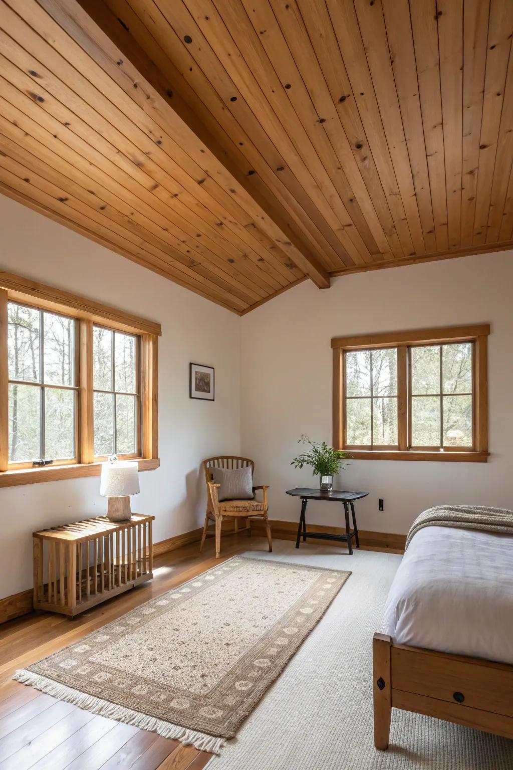 A minimalist room accented by a cedar ceiling, highlighting both simplicity and warmth.