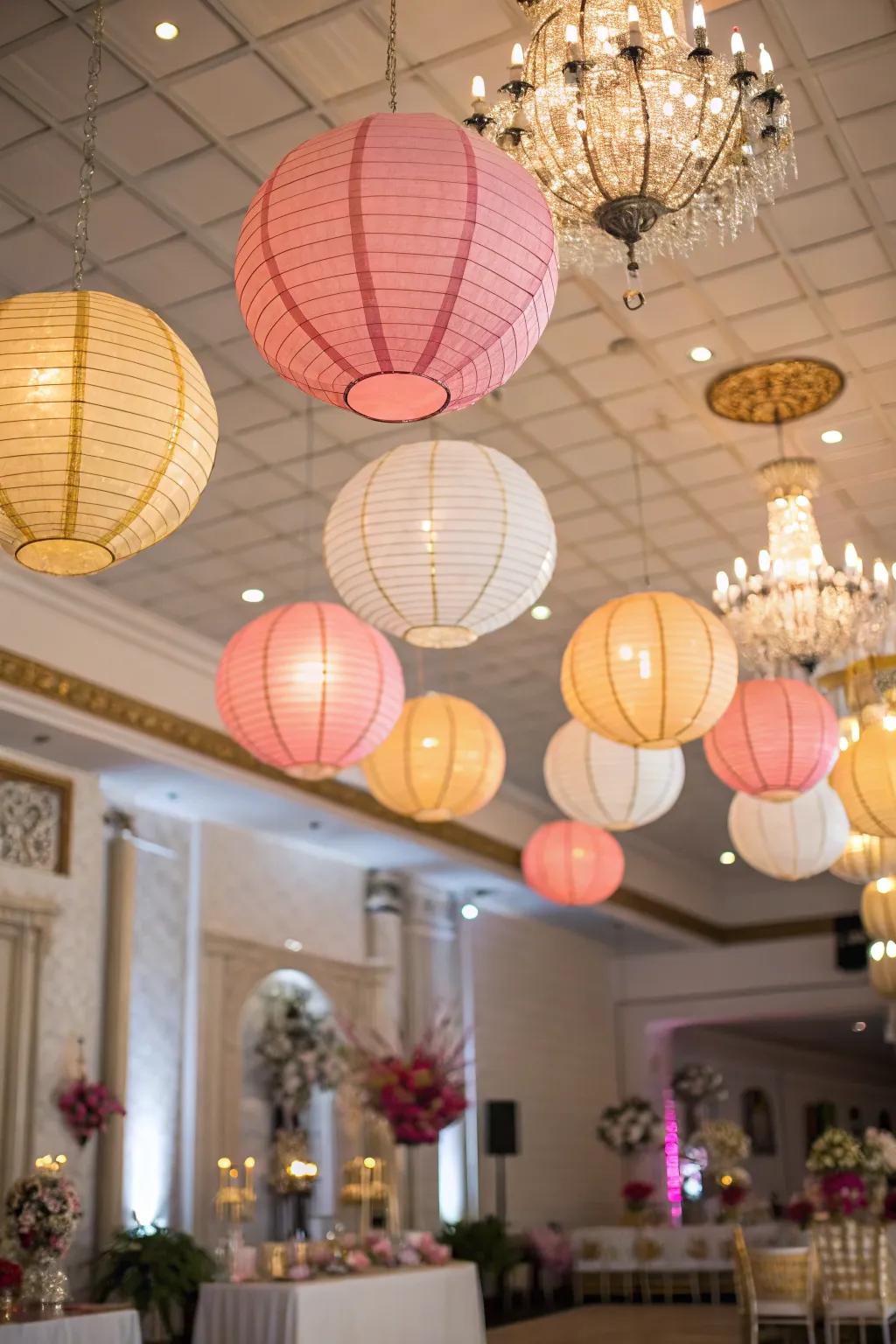 Vibrant paper lanterns for a playful effect.
