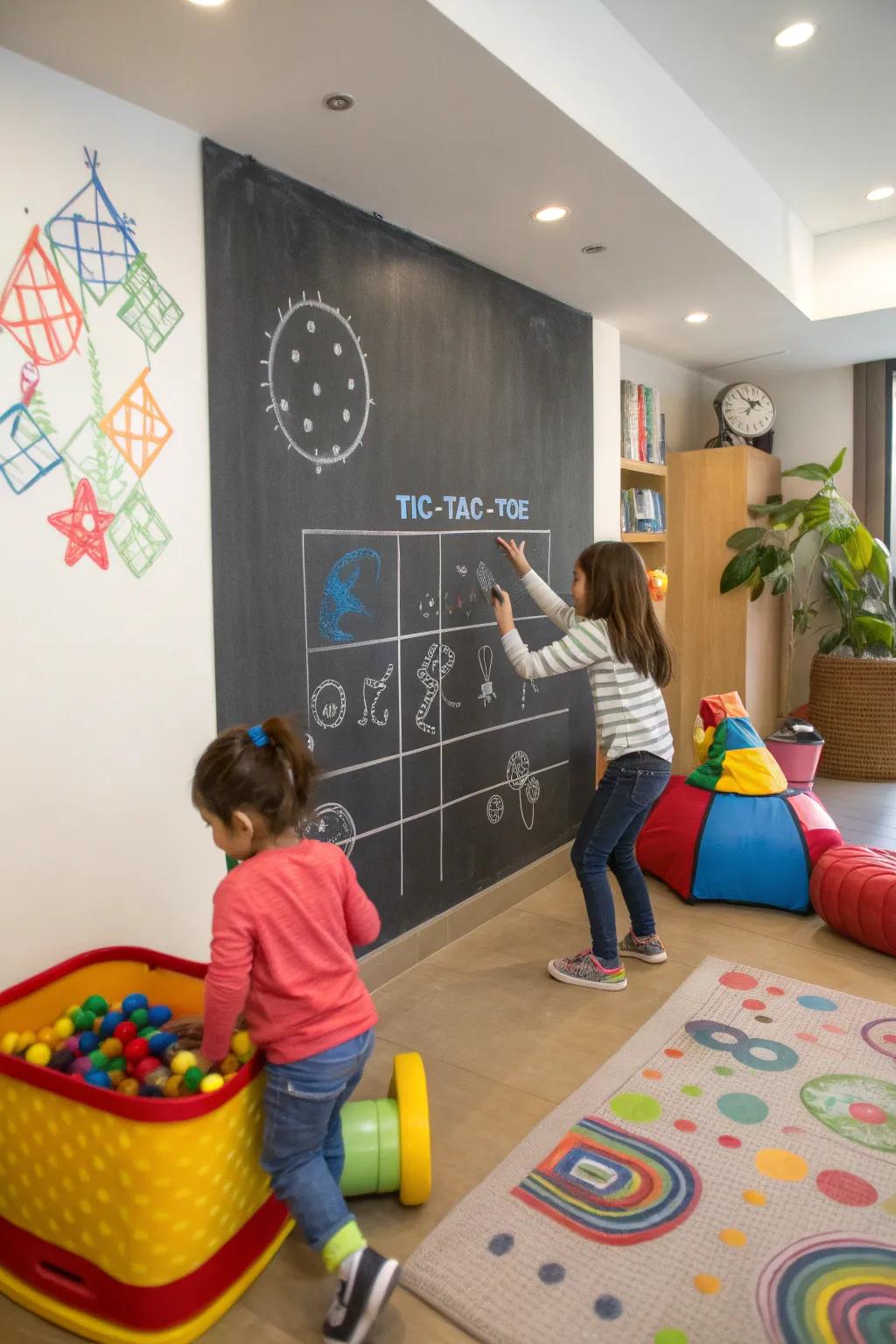 An interactive slateboard game wall enhances enjoyment and learning.
