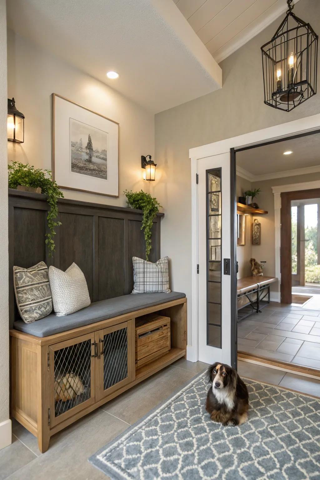 Maximize entryway space with a stylish kennel integration.