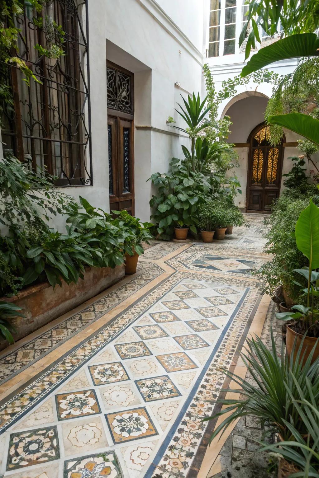 Artistic allure added to the patio with ornamental tiles.