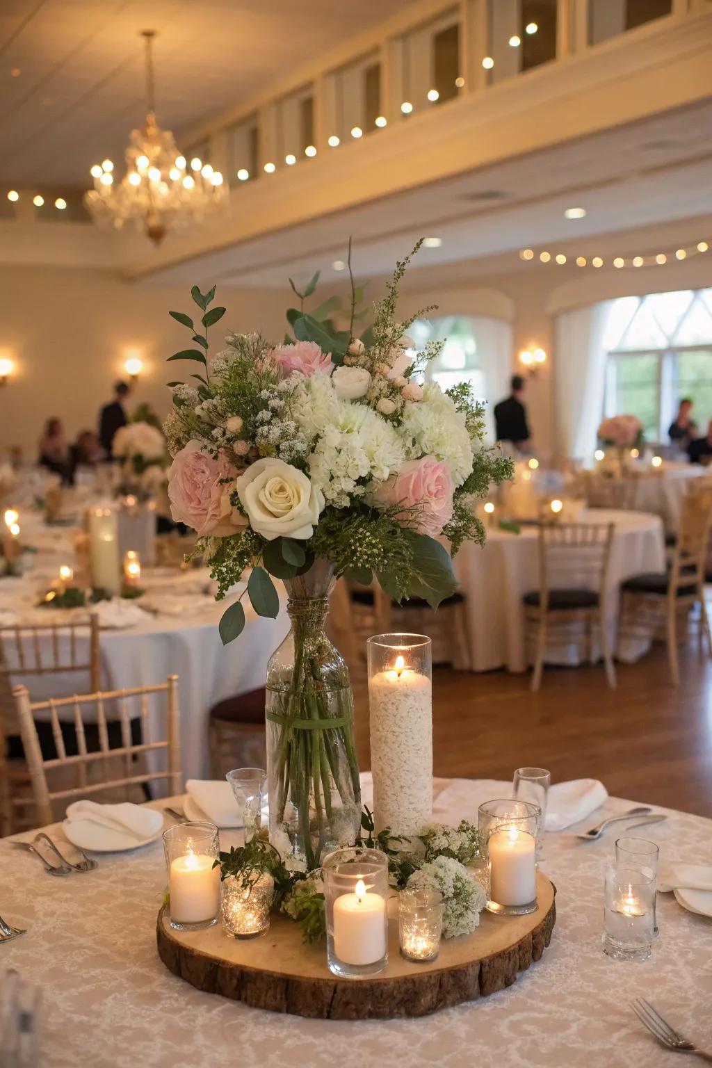 Attendant bouquets cleverly repurposed as table centerpieces.
