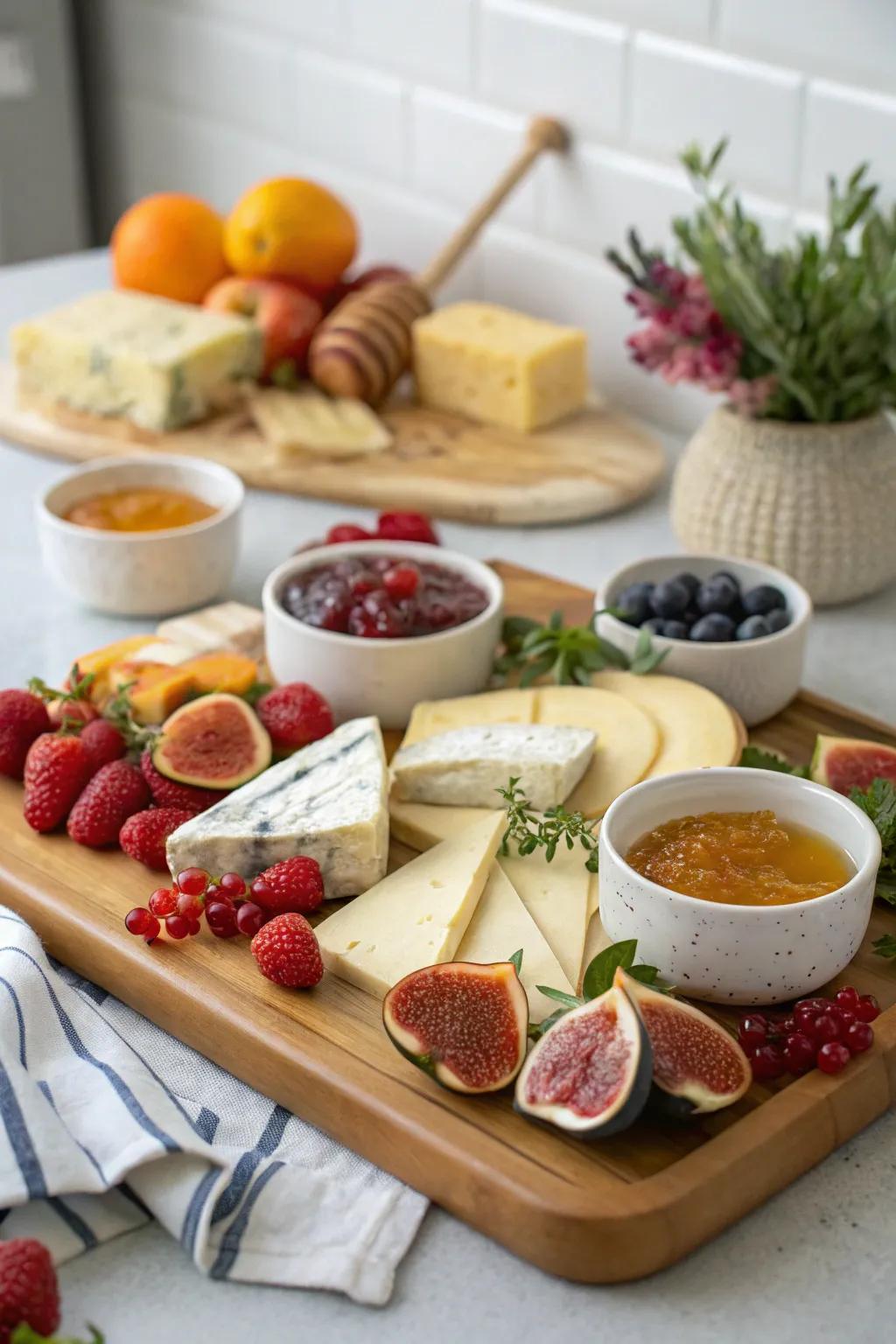 Cheese board featuring dips and spreads for enhanced flavor.