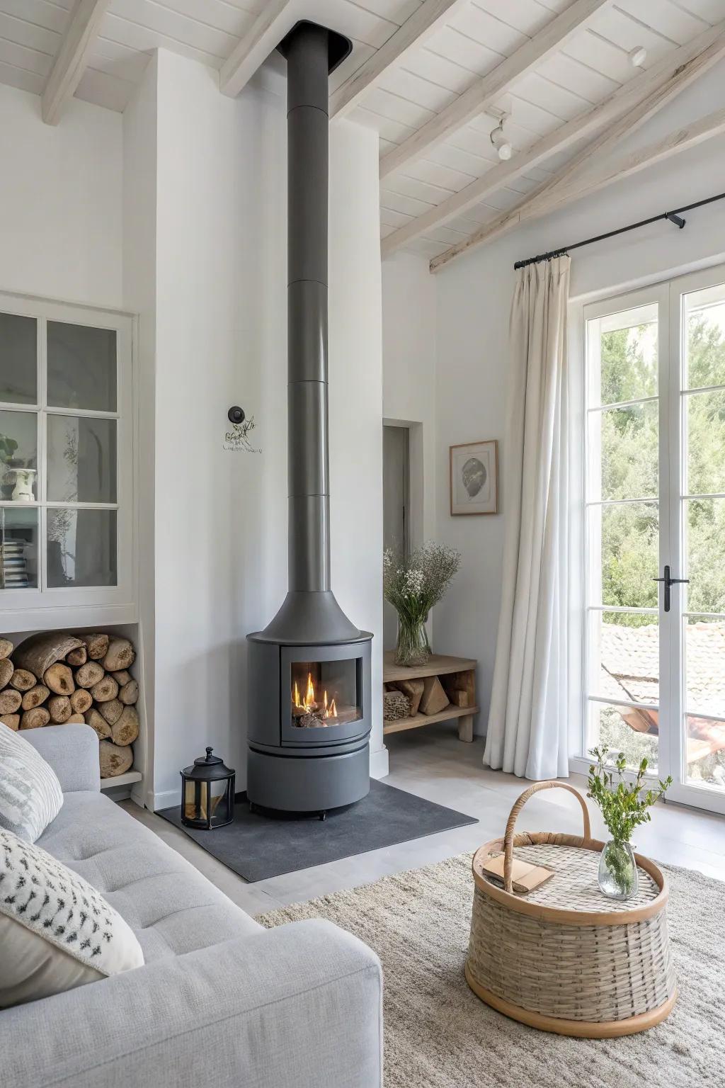 A streamlined slate chimney harmonizes with a minimalist, modern blueprint.
