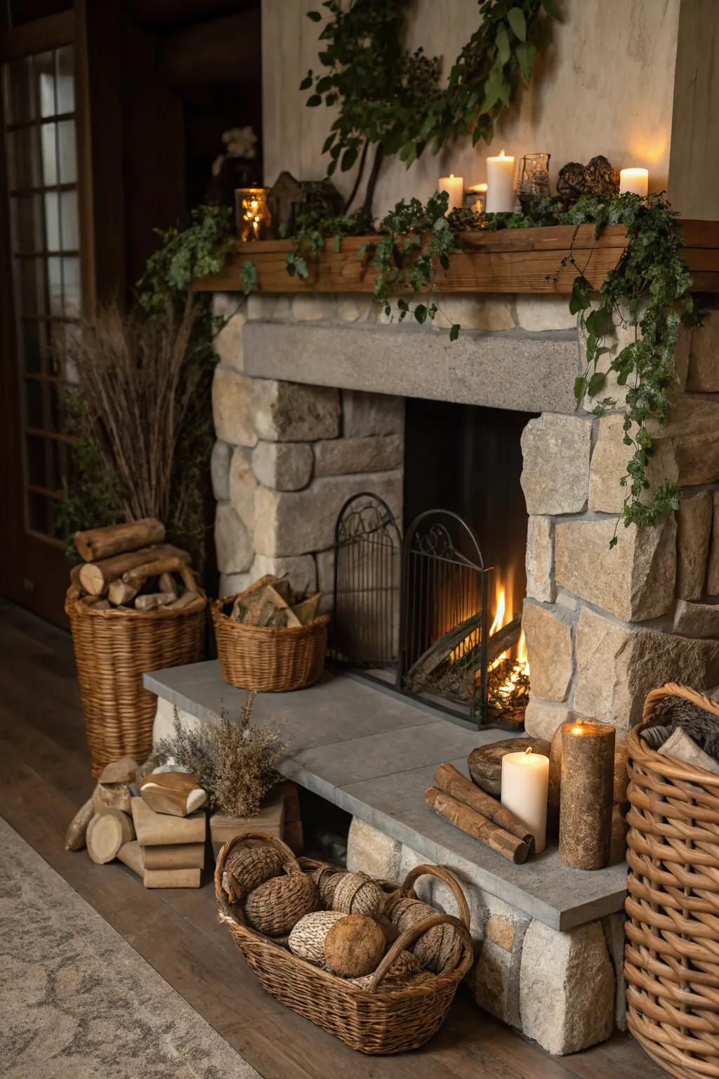 Organic constituents enveloping the hearth evoke a comfortable, bucolic allure.