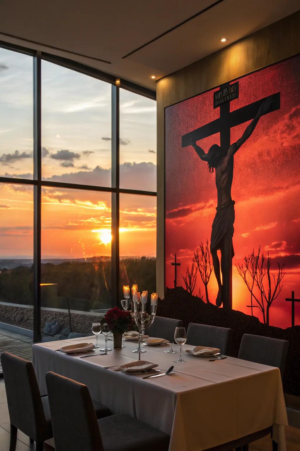 A silhouette of crucifixion generates an impressive and thoughtful setting.