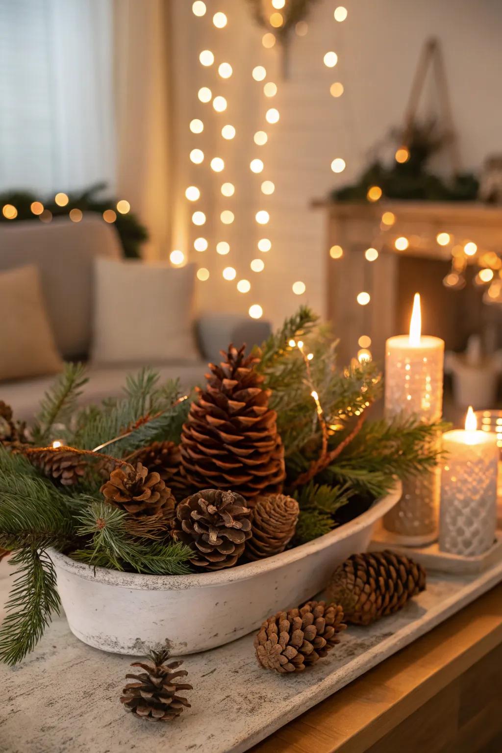 Natural elements like pine cones and branches add rustic charm.