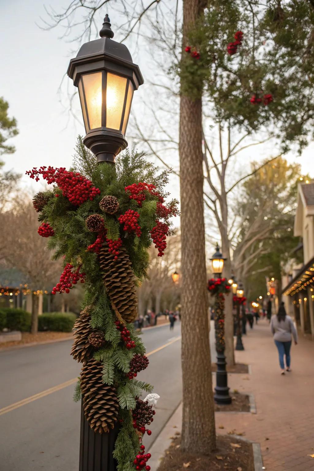 Botanical accents introduce a festive element to a lamp post decoration.