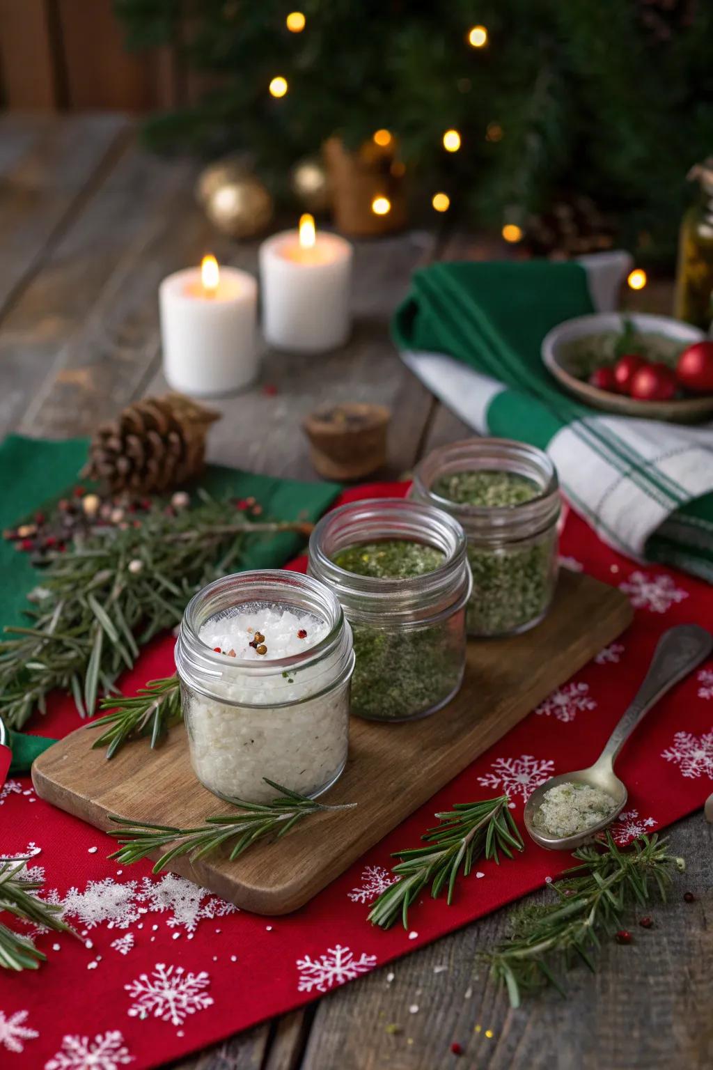 Herb infused salt canisters make a tasty and practical gift.