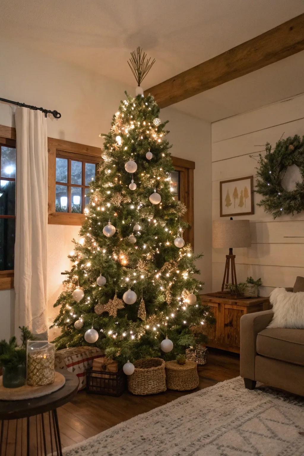 Cotton sprigs bestow a gentle, rustic impression upon the tree.