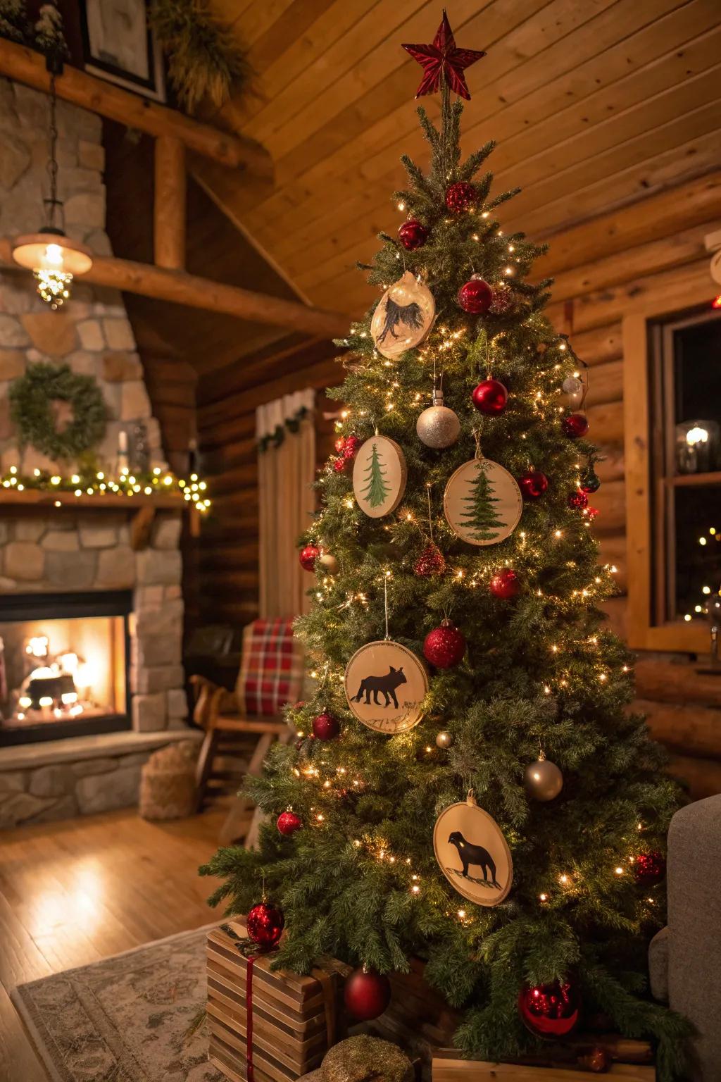 A rustic Christmas tree adorned with forest-themed ornaments and colorful lights, ideal for a snug holiday atmosphere.