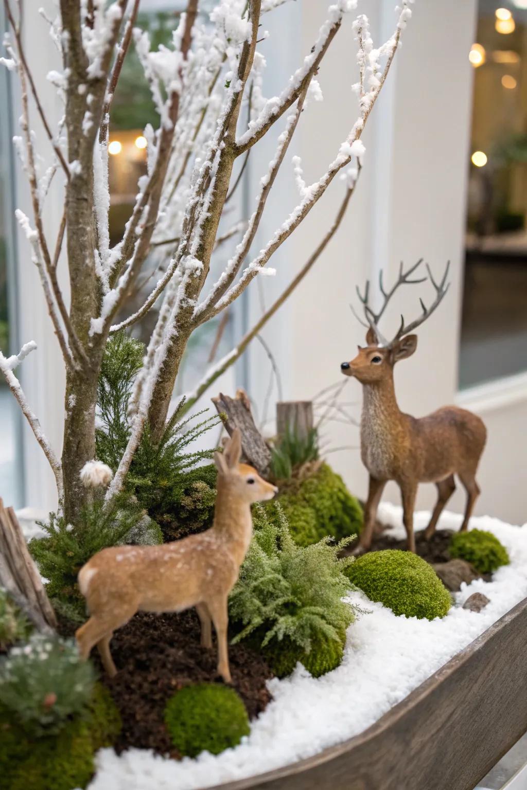 A tranquil winter wildlife refuge showcasing deer and snow-covered branches.