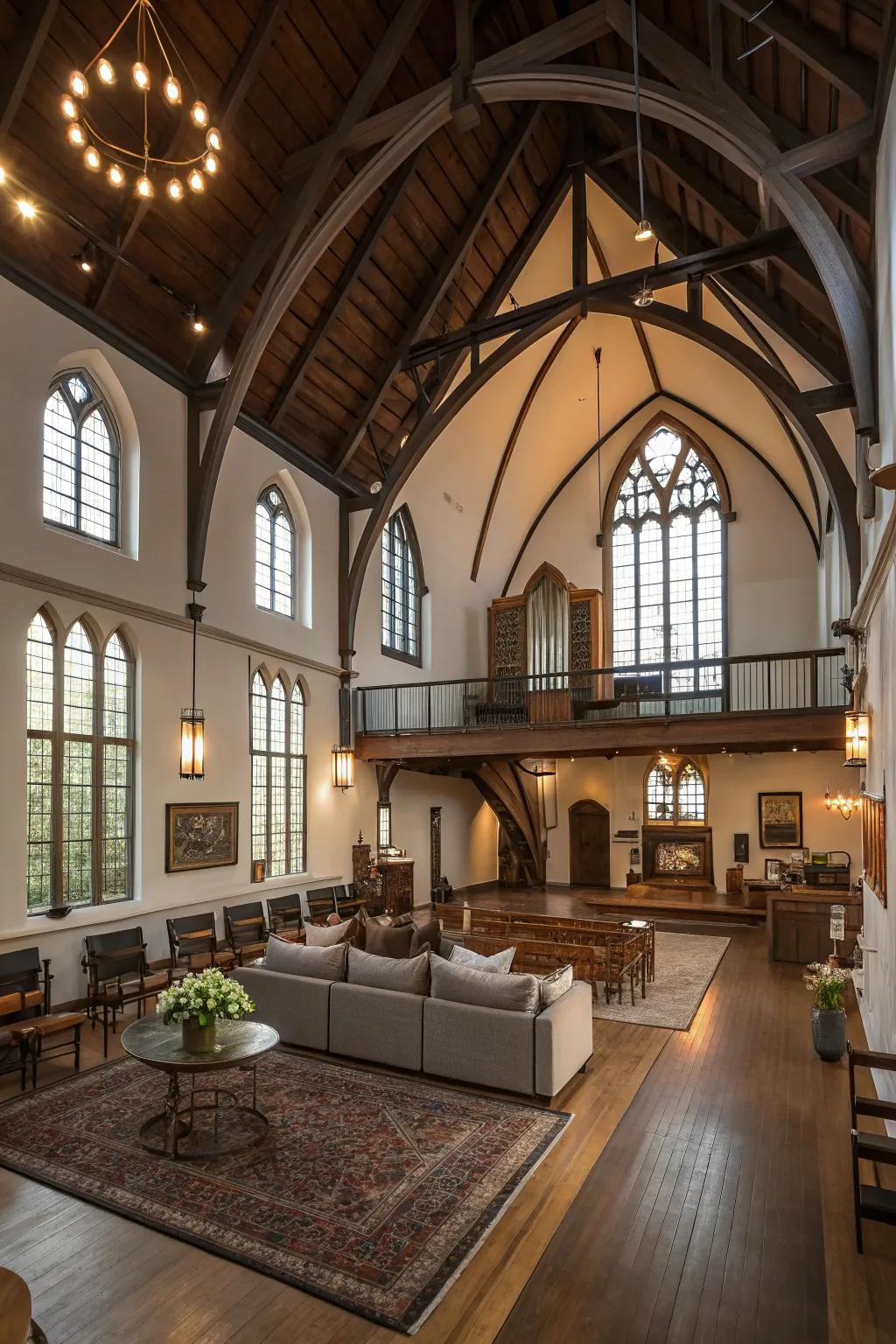 Exposed mezzanines extend additional expanse and breathtaking vistas within the church.
