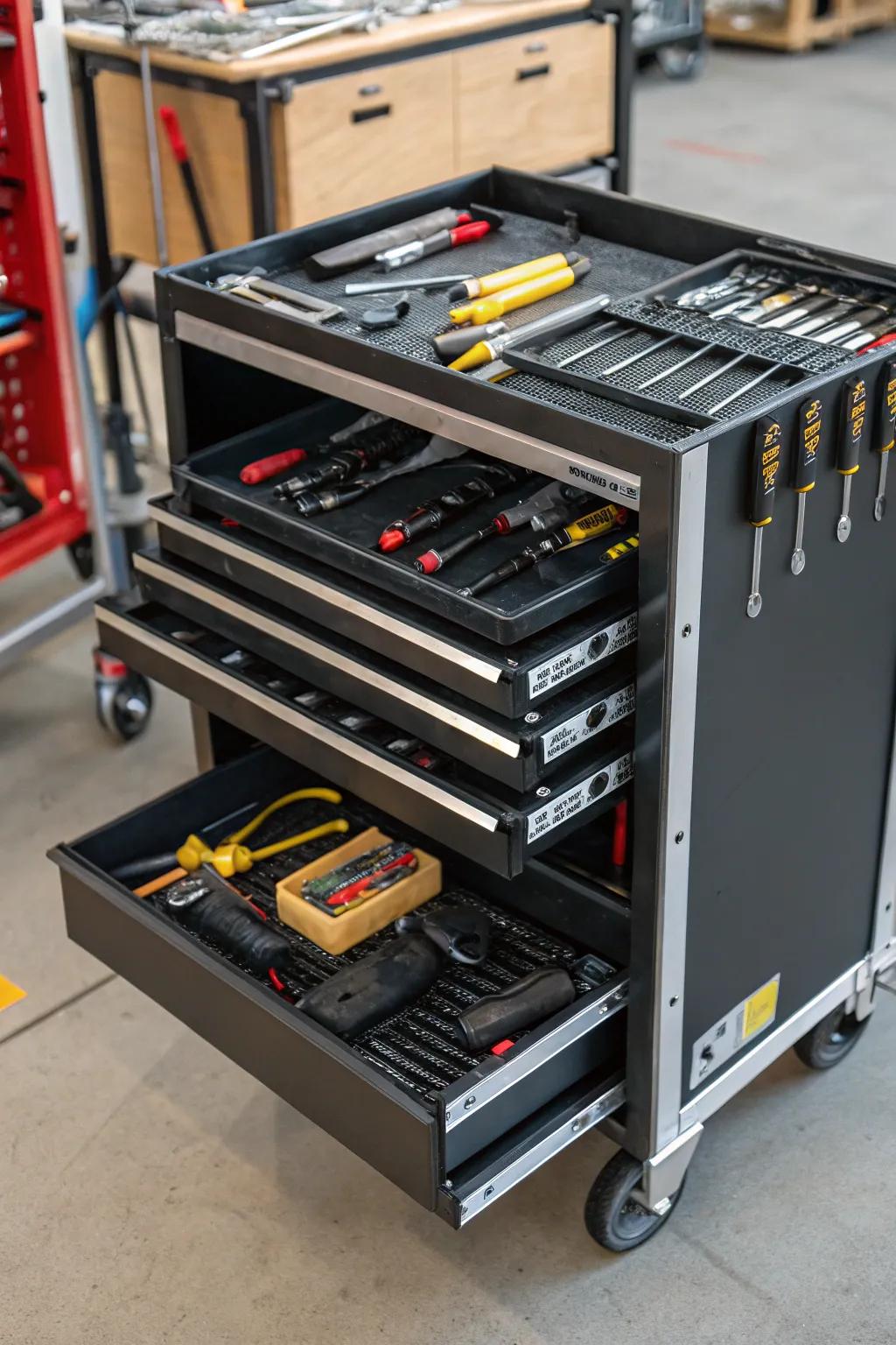 Movable trolleys provide flexible and convenient clamp storage.