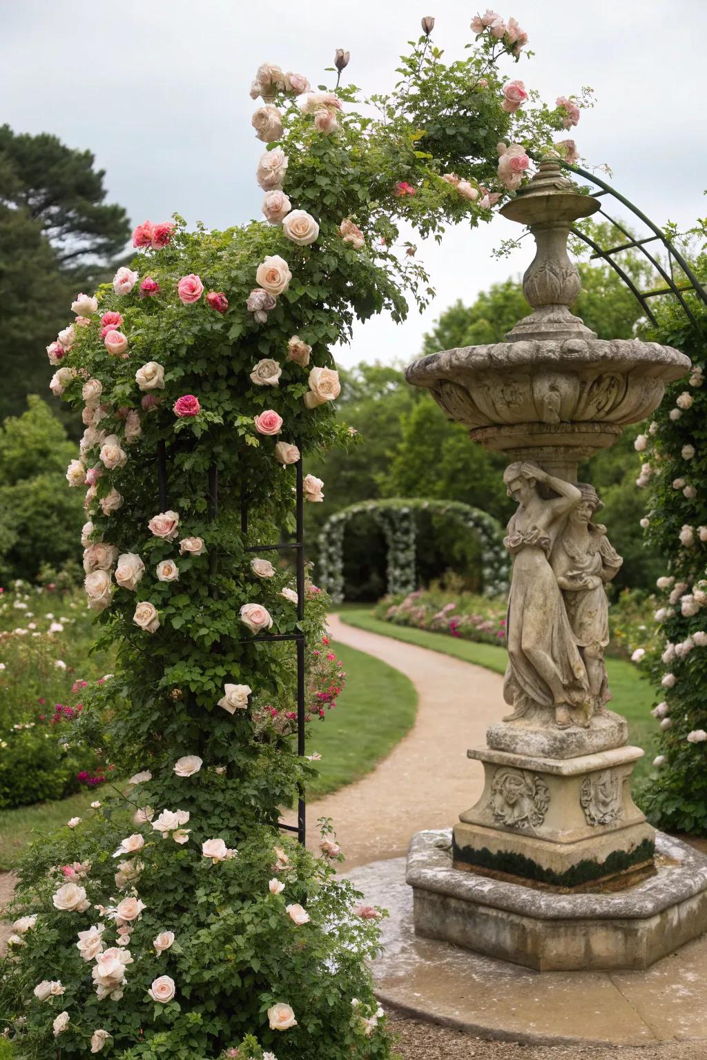 Combine art and nature with roses around garden sculptures.