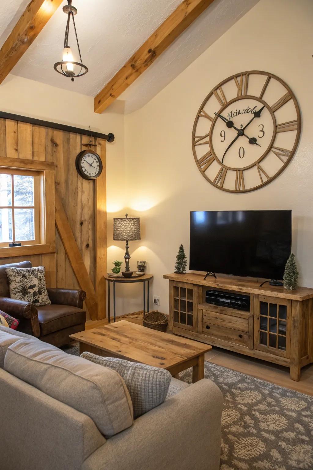 A country-inspired clock enhances vintage allure above a modernized television arrangement.