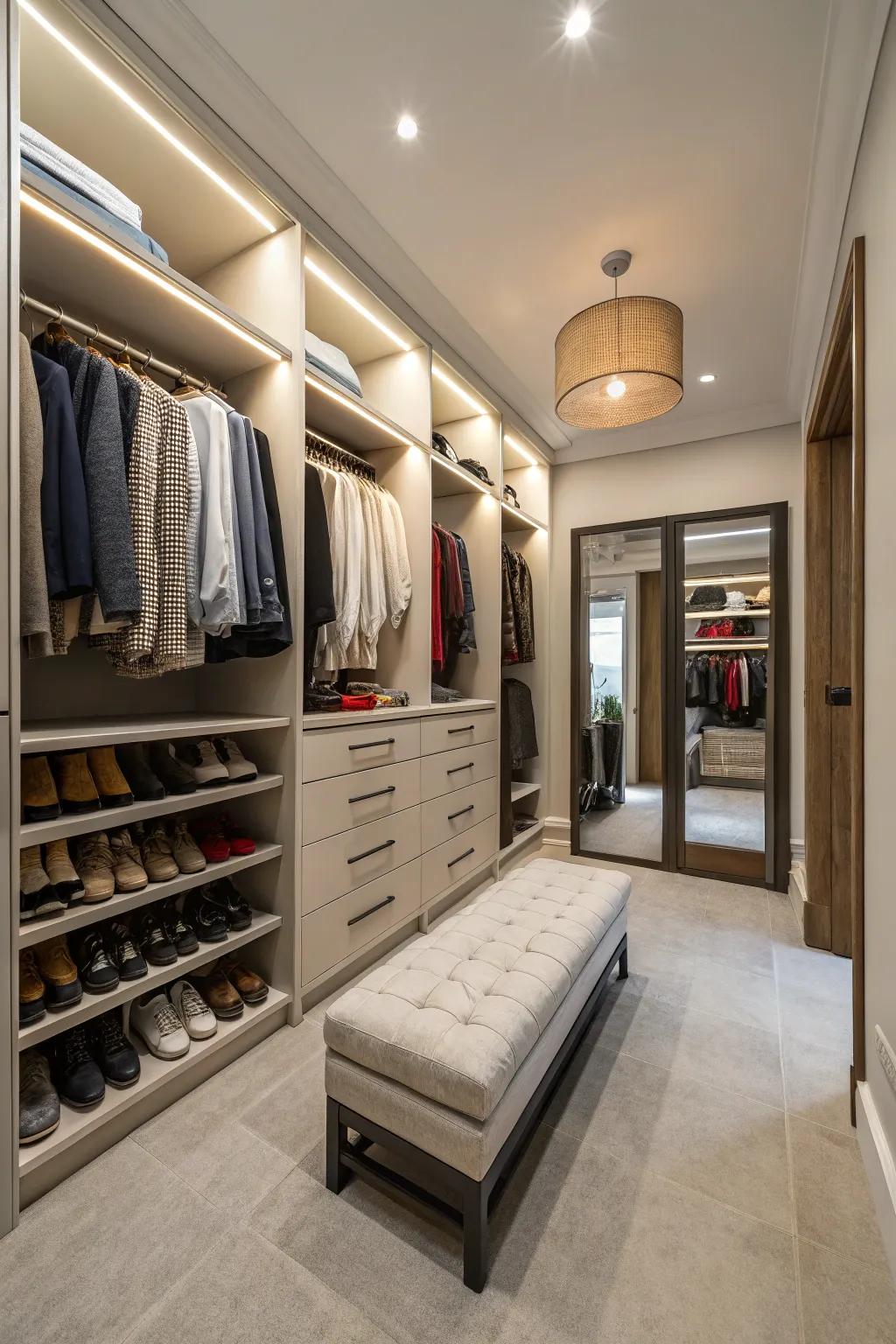Generous space for both storage and personal style is offered by a walk-in closet.
