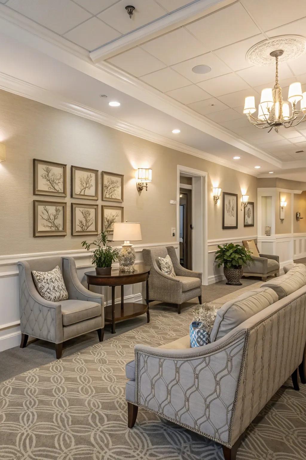 Subtle color palette providing a calming backdrop in a clubhouse.