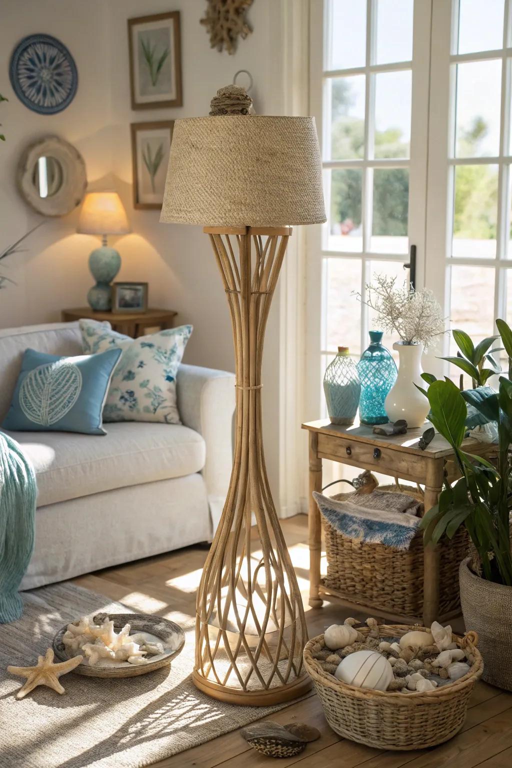 Rattan upright lights impart both height and warmth to any coastal setting.