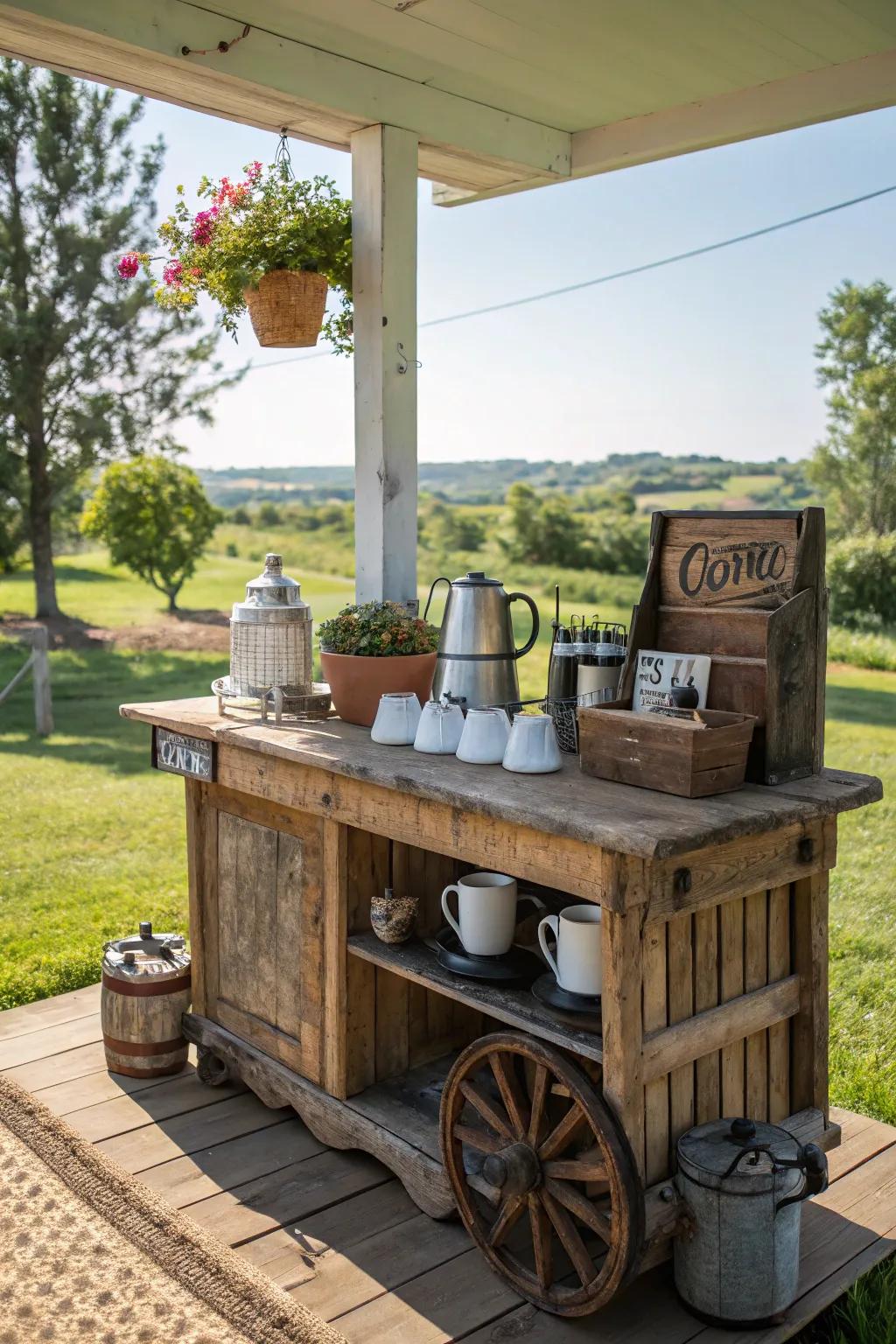 A charming rustic coffee cart for a homely atmosphere.