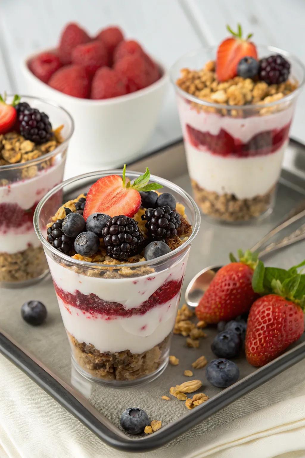 Vibrant layered dessert glasses for a sweet coffee hour indulgence.