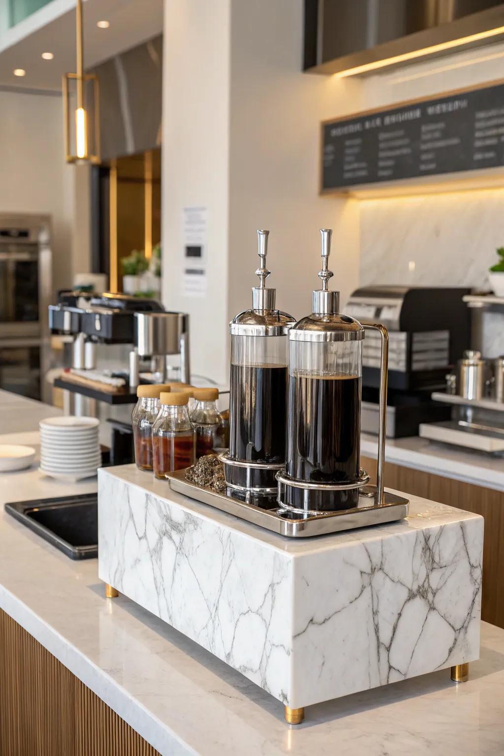 Stone base adds a stylish touch to your syrup arrangement.