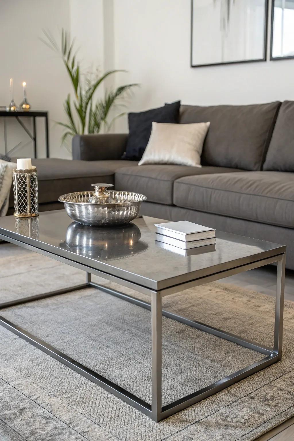 A metal center table introduces a modern touch, wonderfully complementing a minimalist modular.