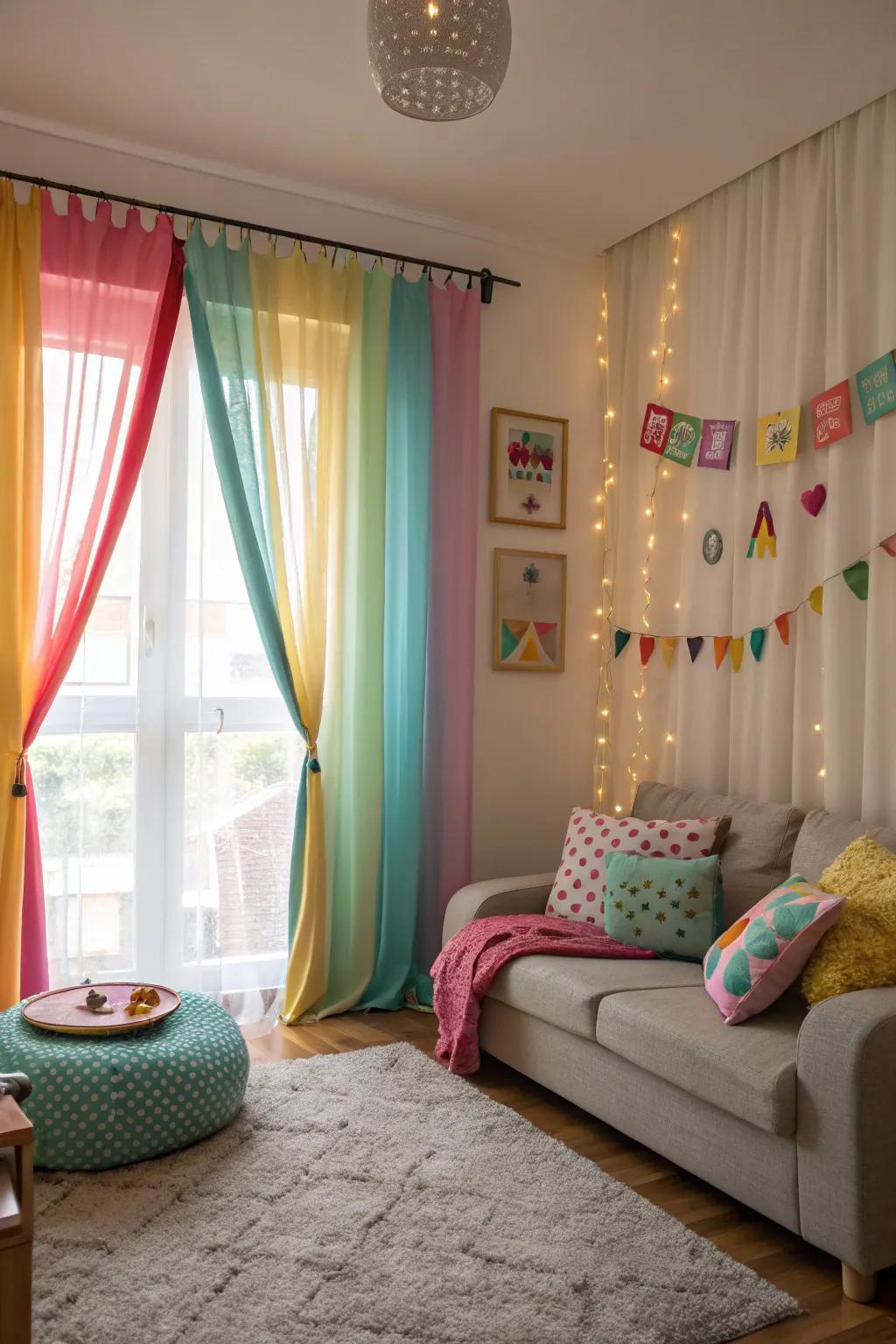 Vibrant window dressings soften the light and add a whimsical touch to the living room.
