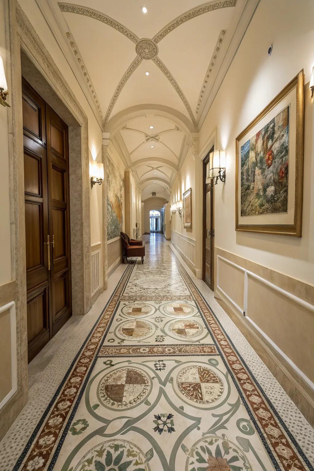 Decorative patterned concrete flooring in an elegant hallway.