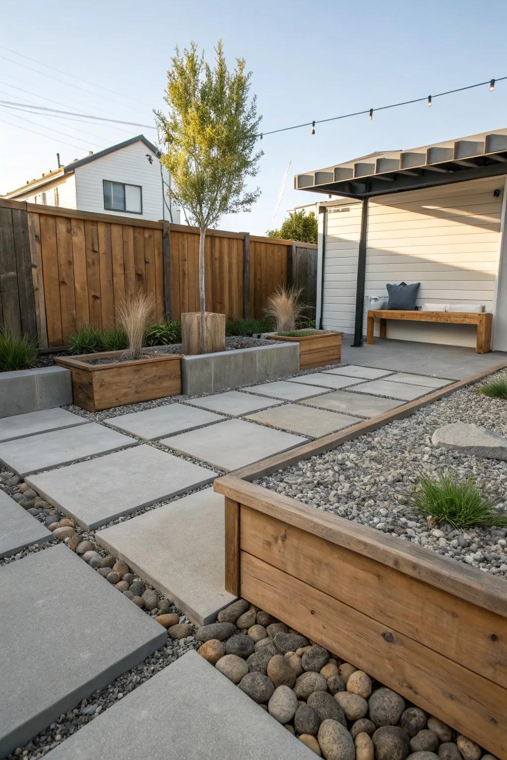 Mix materials for a dynamic patio design.