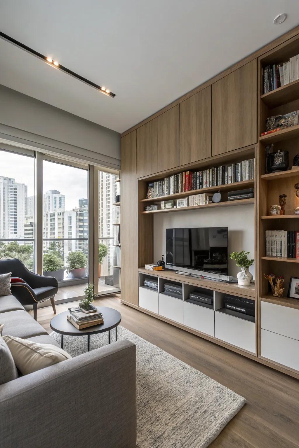 A multifunctional condo living space with thoughtfully integrated storage solutions.