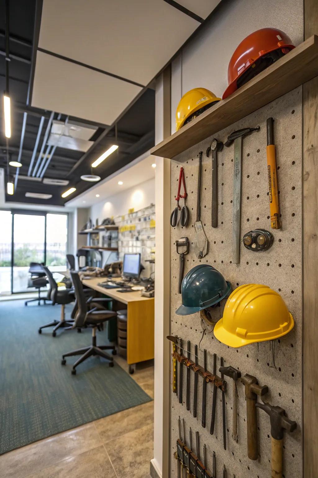 Construction implements utilized as distinctive ornamental components in an office.