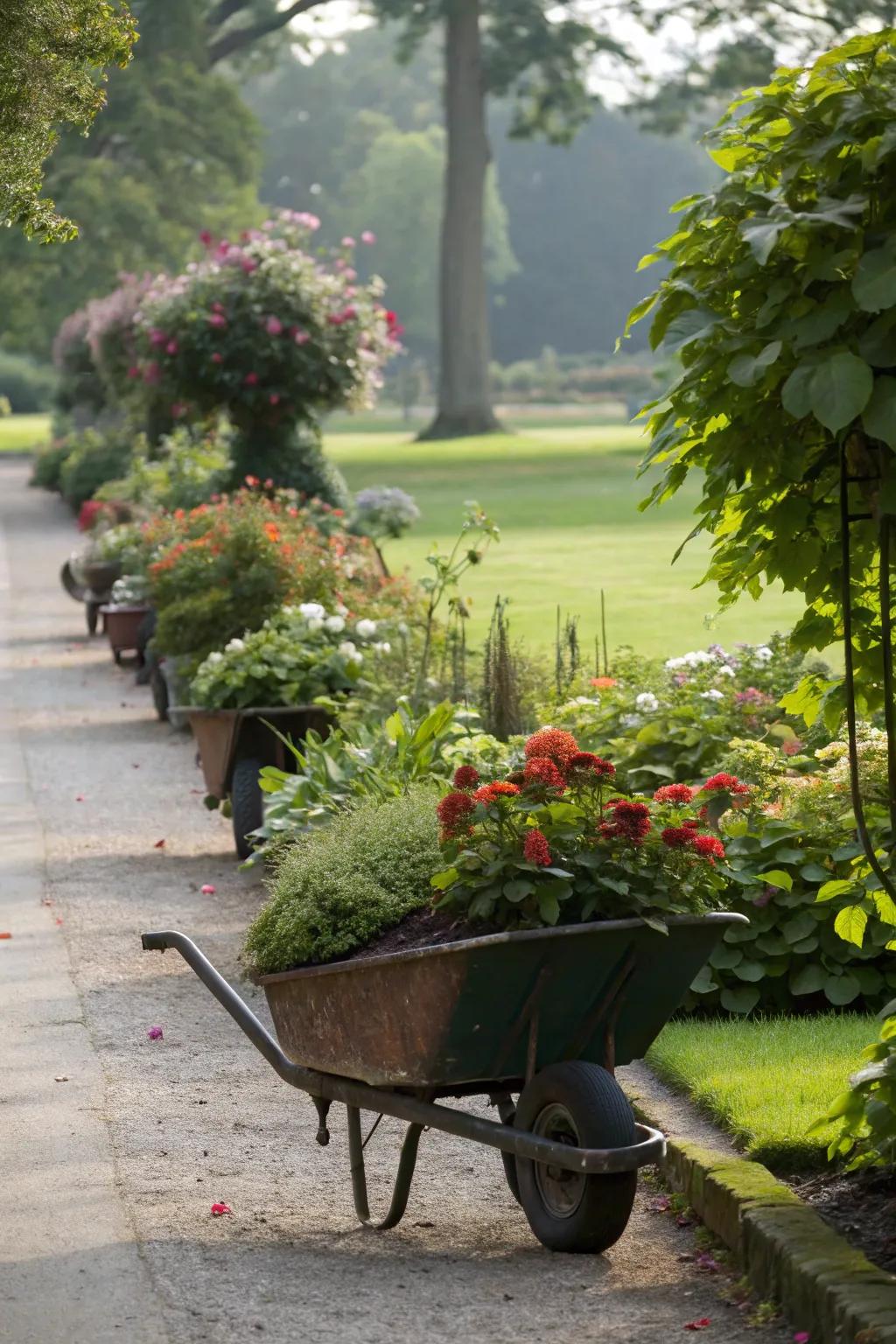 Mobile garden set up with plant pots on wheels.