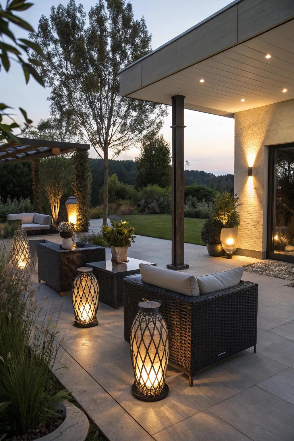 Modernized lighting creates a warm and inviting patio character.