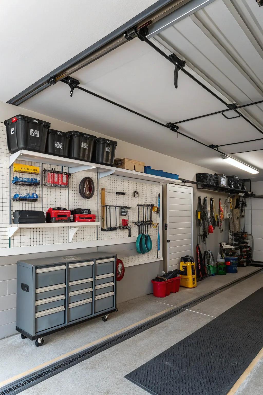 A garage featuring resourceful storage solutions, including wall-mounted shelving and ceiling racks.