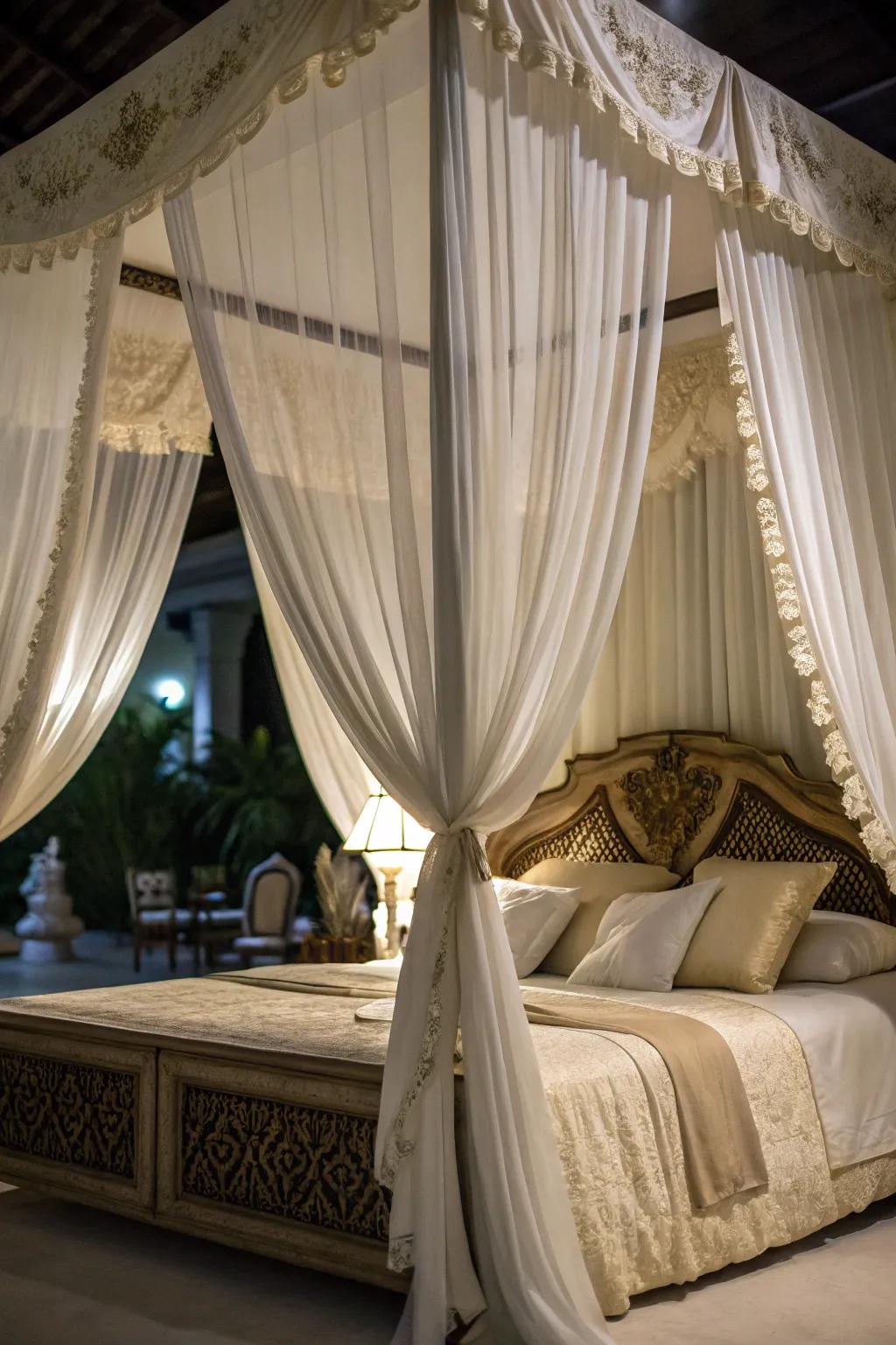 A canopy introduces spectacle and closeness to a corner bed.