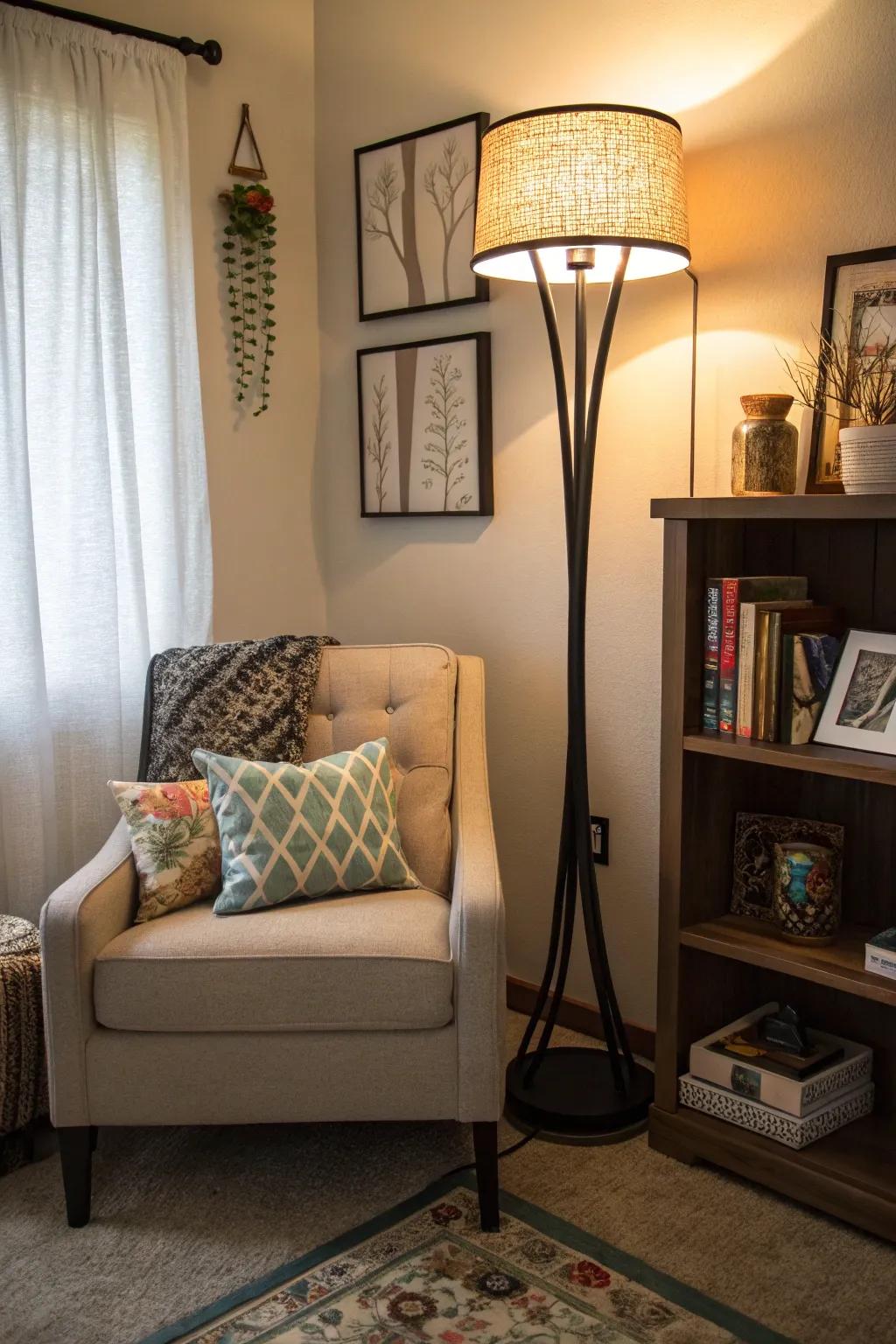 A floor lamp contributes both illumination and panache, rendering the corner a welcoming sanctuary.